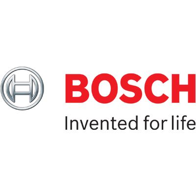 The bosch logo is red and white and says invented for life.