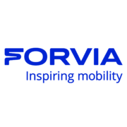 The forvia logo is blue and white and says `` inspiring mobility ''.