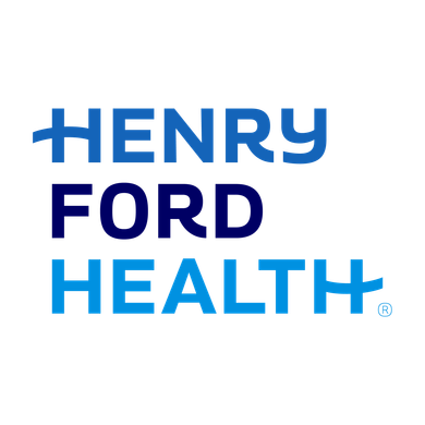 The henry ford health logo is blue and black on a white background.