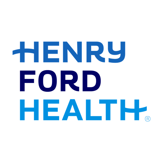 The henry ford health logo is blue and black on a white background.