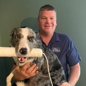 A man is holding a dog with a stick in its mouth.