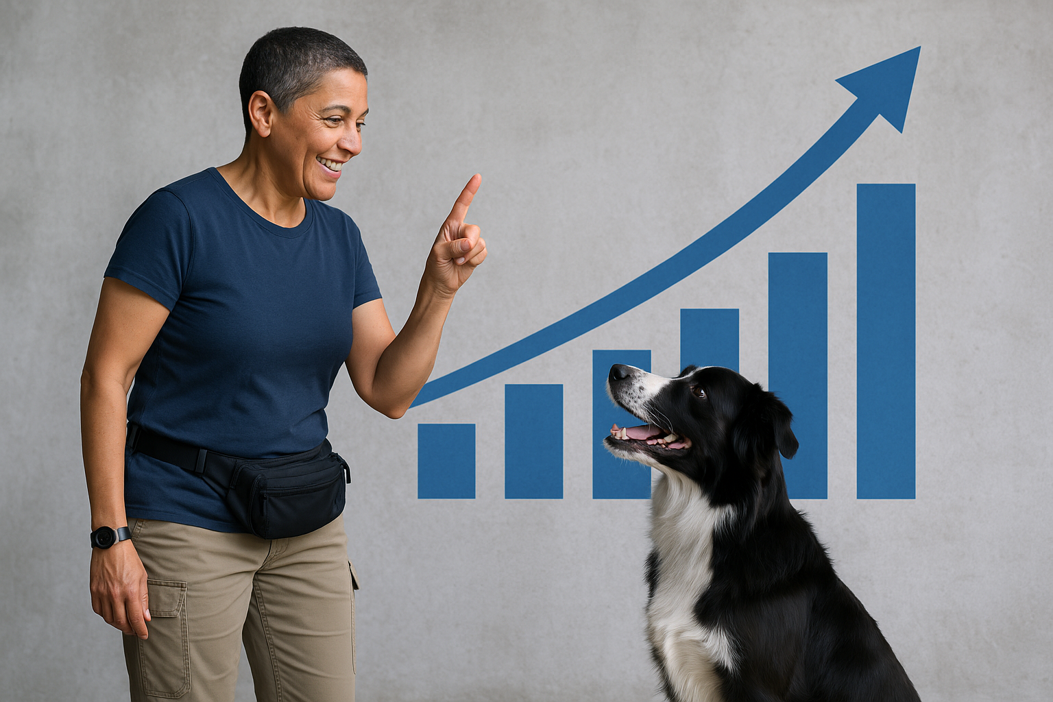 A woman is pointing at a dog sitting in front of a graph.