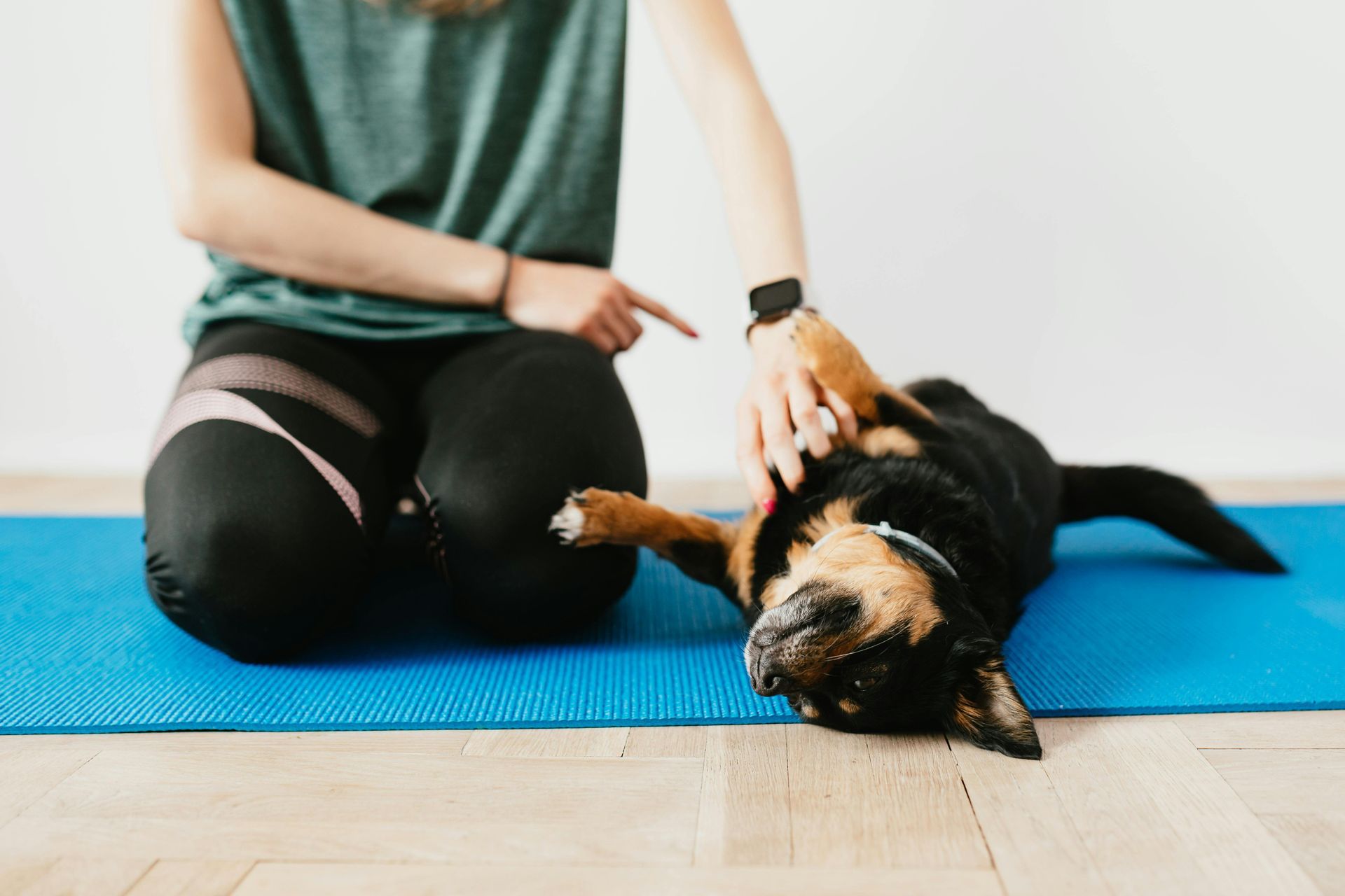 A woman is sitting on a yoga mat with her dog.