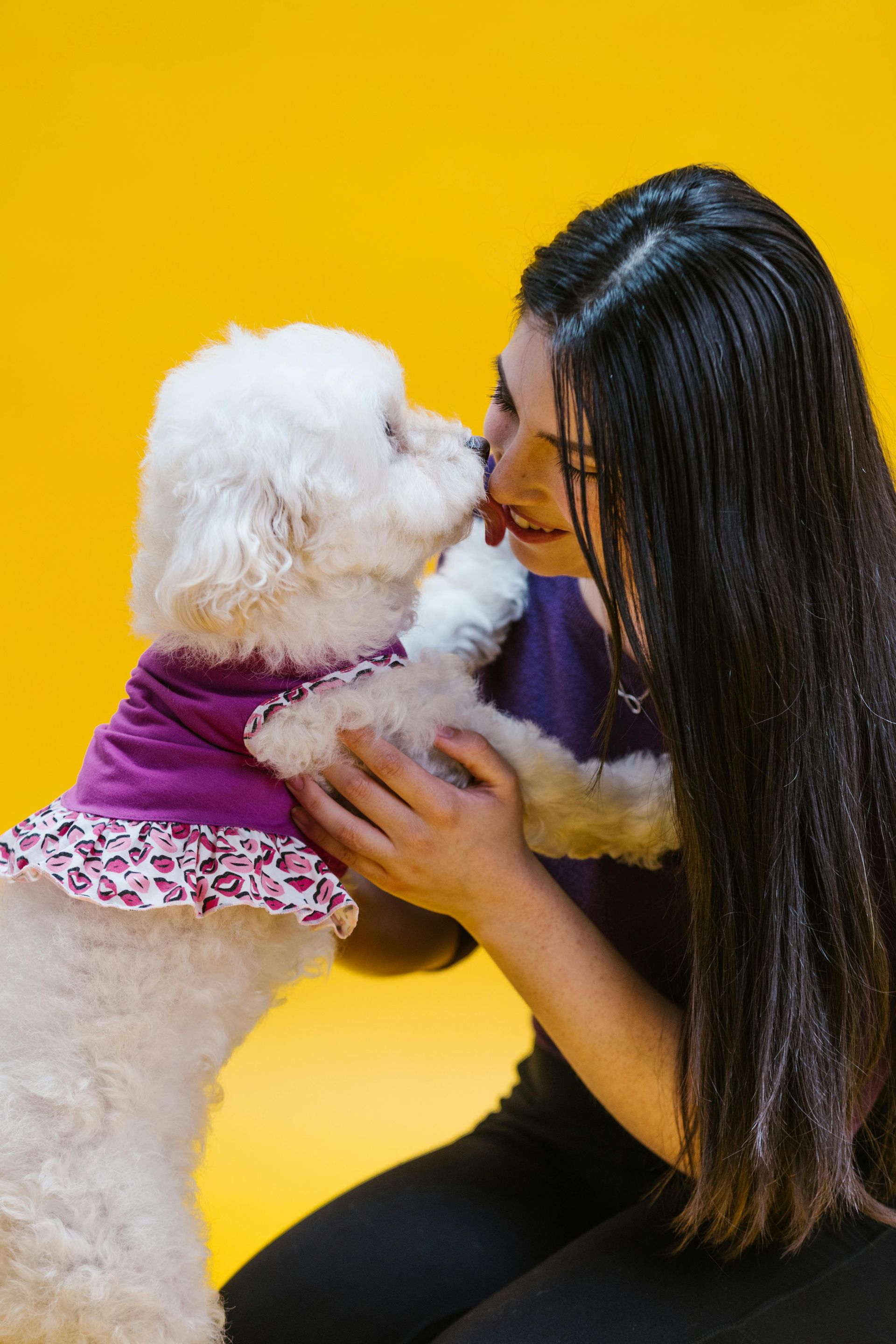 A woman is kissing a small white dog on the nose.