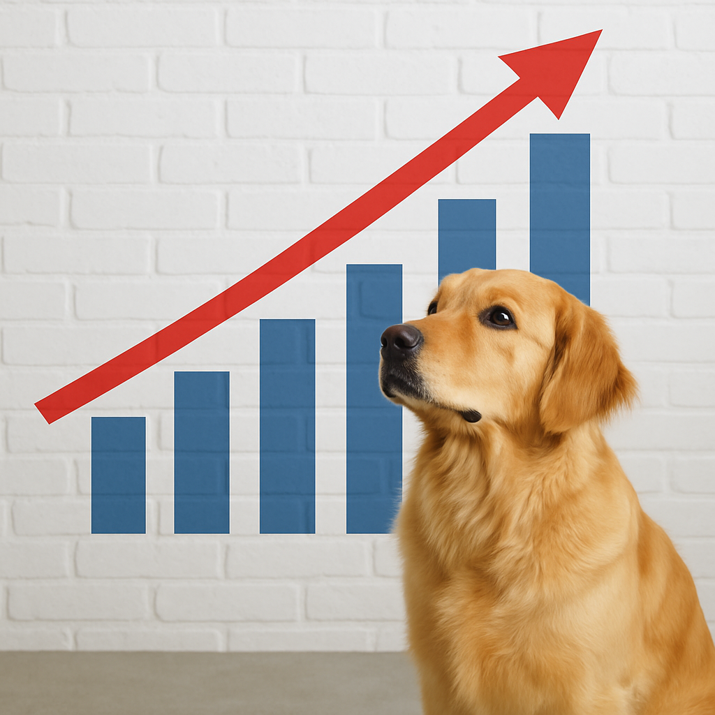 A dog sitting in front of a graph with an arrow pointing up