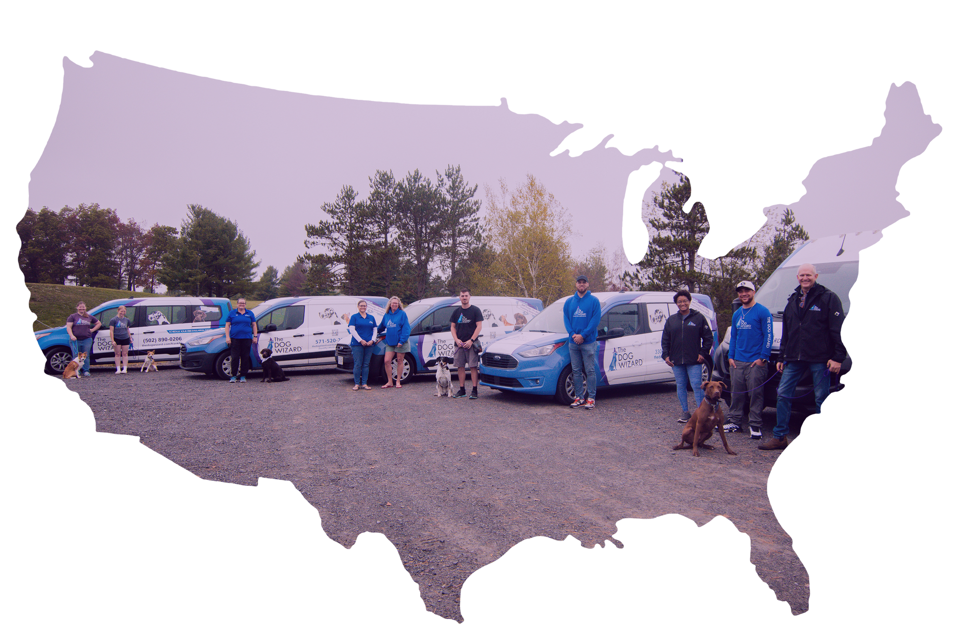 A group of people standing in front of a map of the united states.