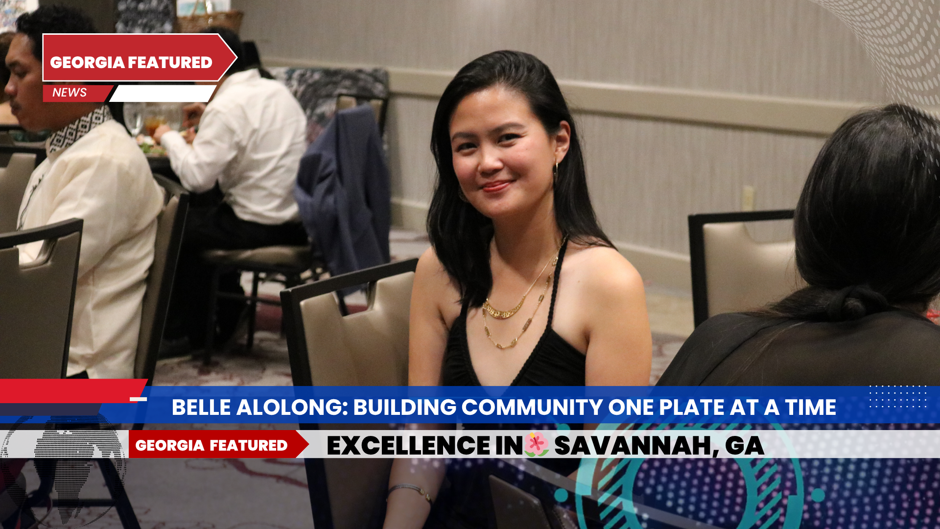 Woman at a formal event, smiling. Text overlay reads 
