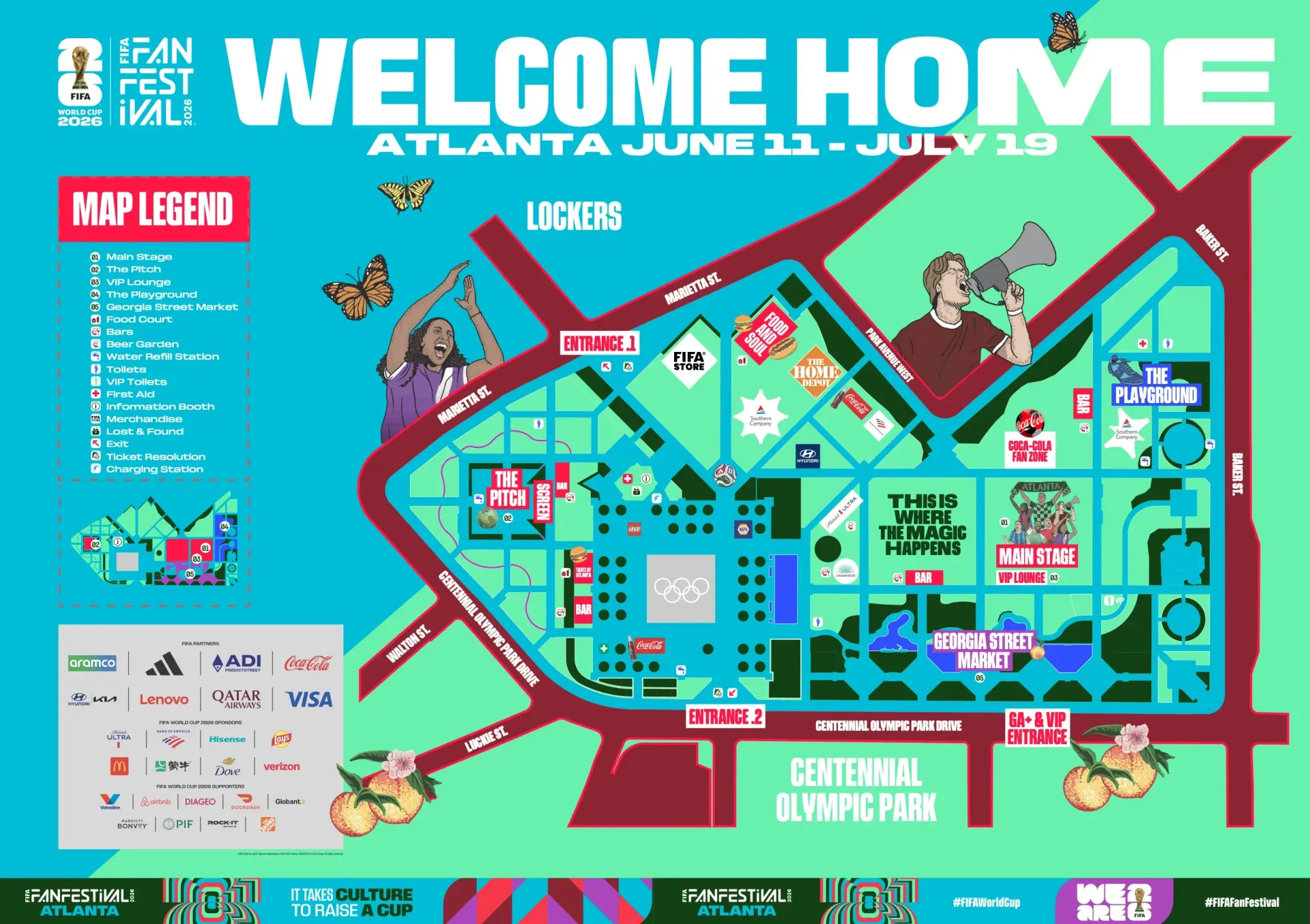 Atlanta June 21 event map poster with blue venue layout, icons, and “Welcome Home” title