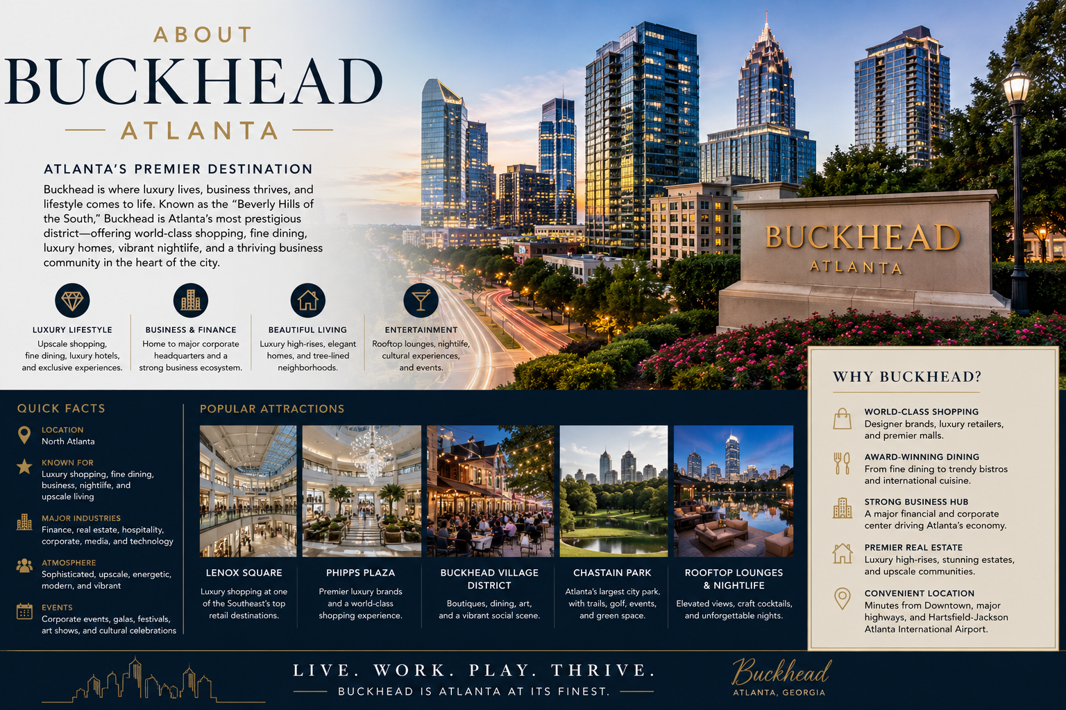 Buckhead Atlanta real estate flyer with skyline photos, map, and property details on a blue and gold layout