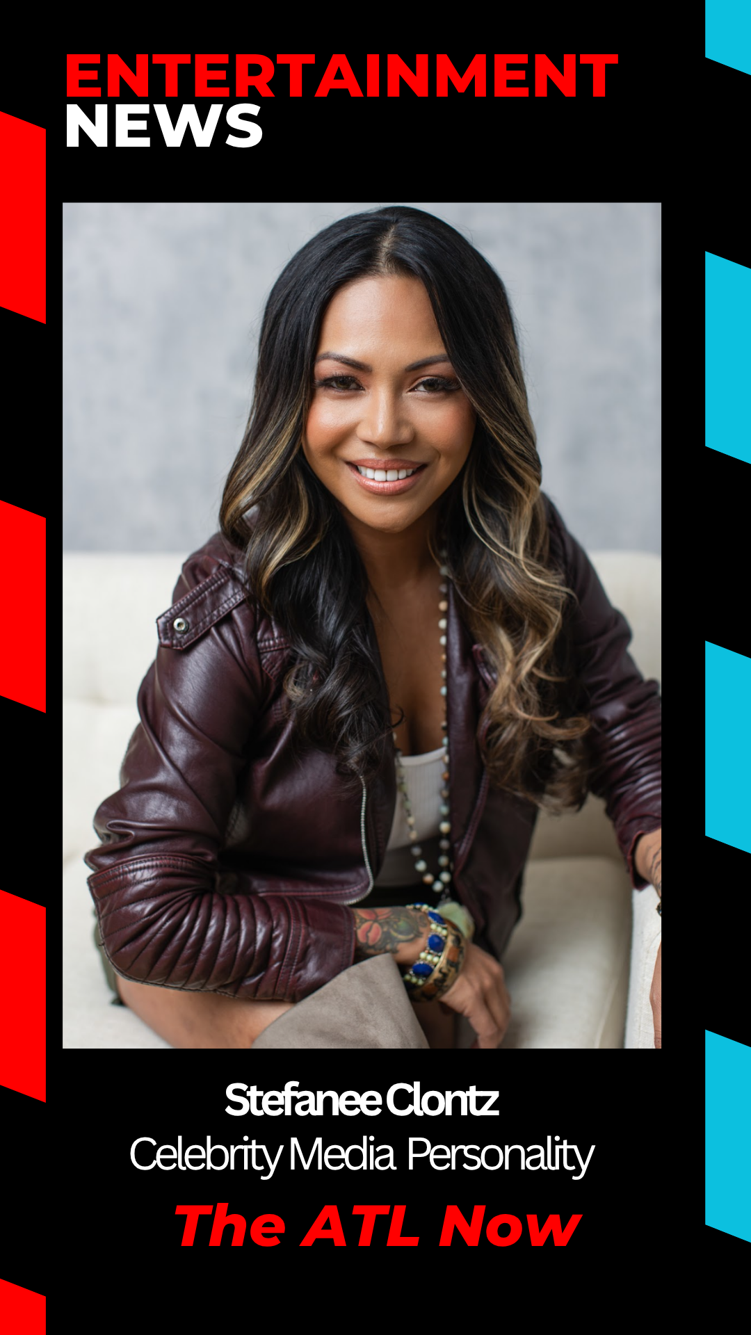Stefanee Clontz, celebrity media personality, in a leather jacket. 