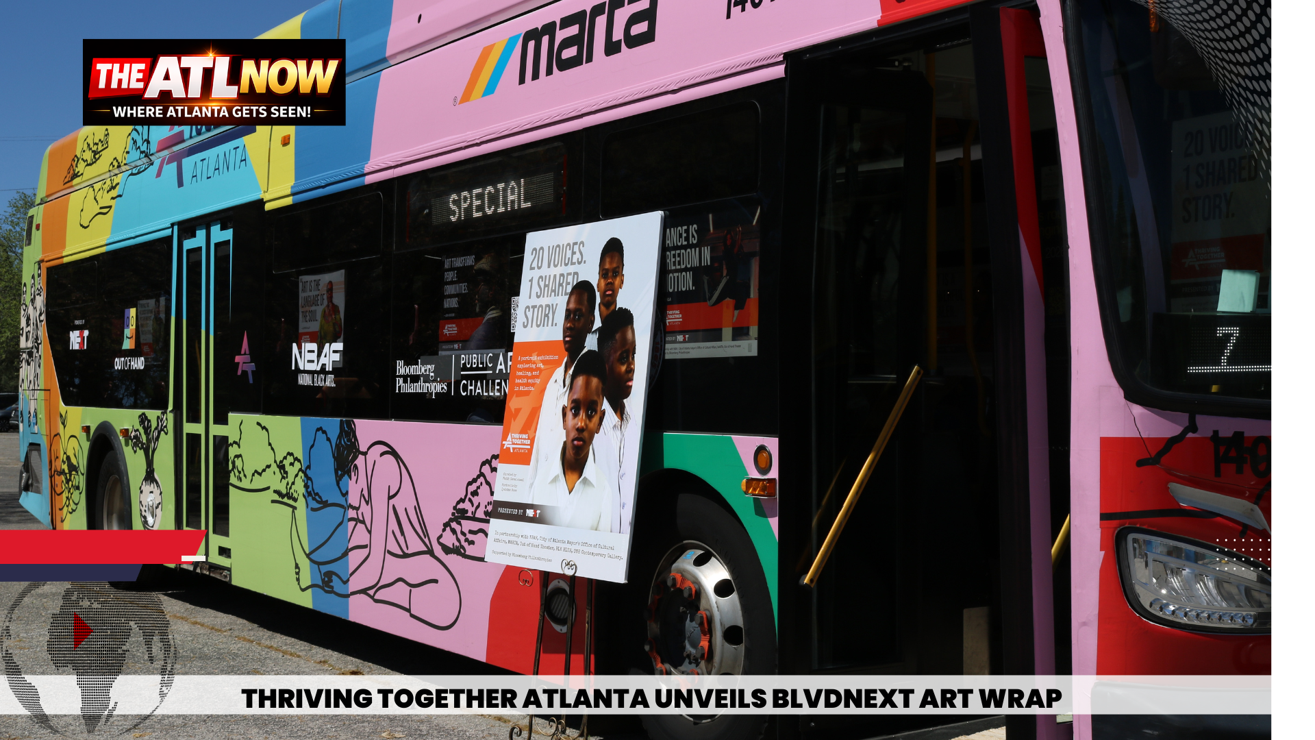 Colorful Atlanta bus wrap with street art and an advertisement panel on the side