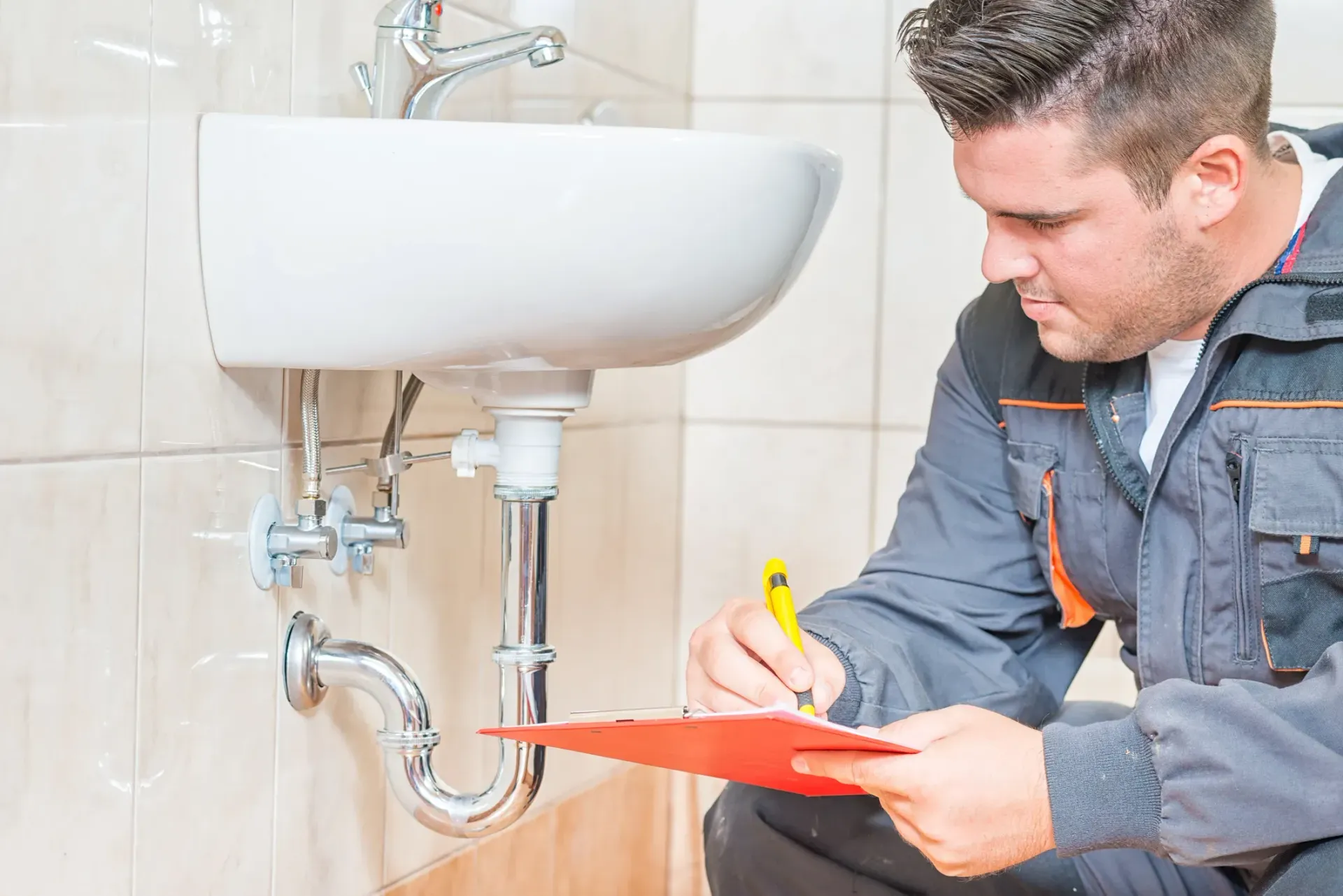 A plumber is kneeling down in front of a sink and writing on a clipboard in Southeast Portland