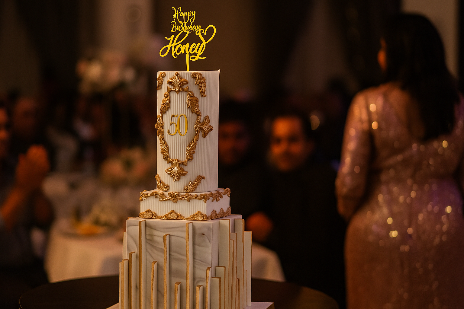 A multi-tiered birthday cake with gold embellishments and a 