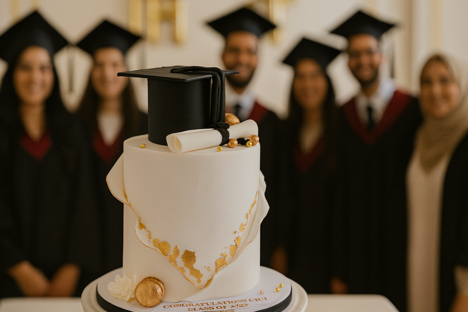 Graduation cake with a mortarboard on top, in front of smiling graduates wearing black gowns with maroon trim.