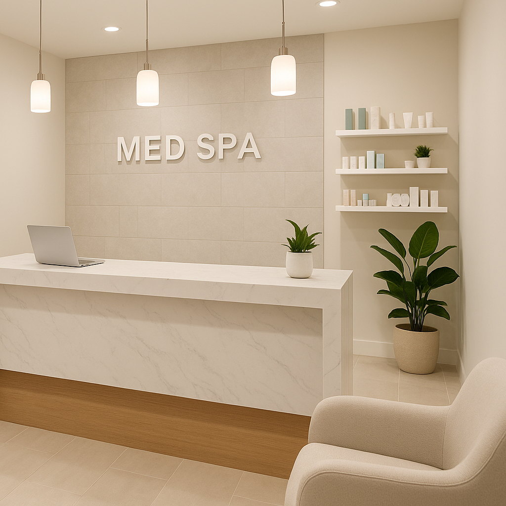 Reception area of a Med Spa, featuring a white counter, a laptop, and a waiting chair.