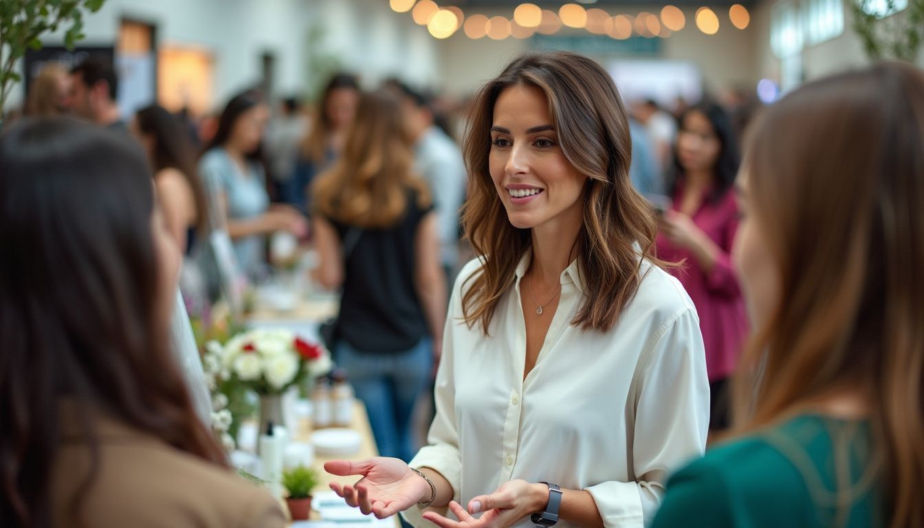 A woman is talking to two other women at a party.