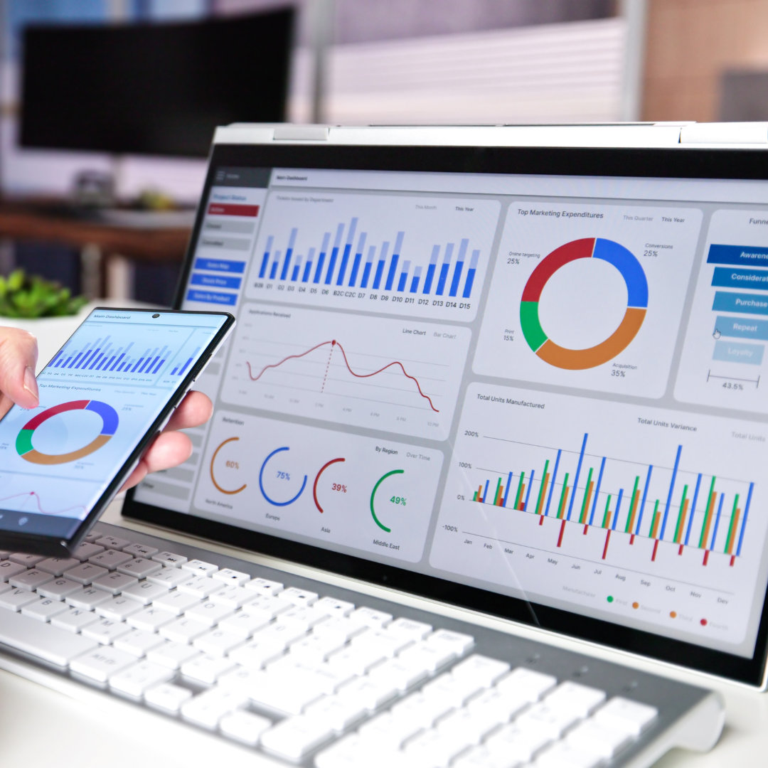 A person is holding a cell phone in front of a laptop with graphs on it