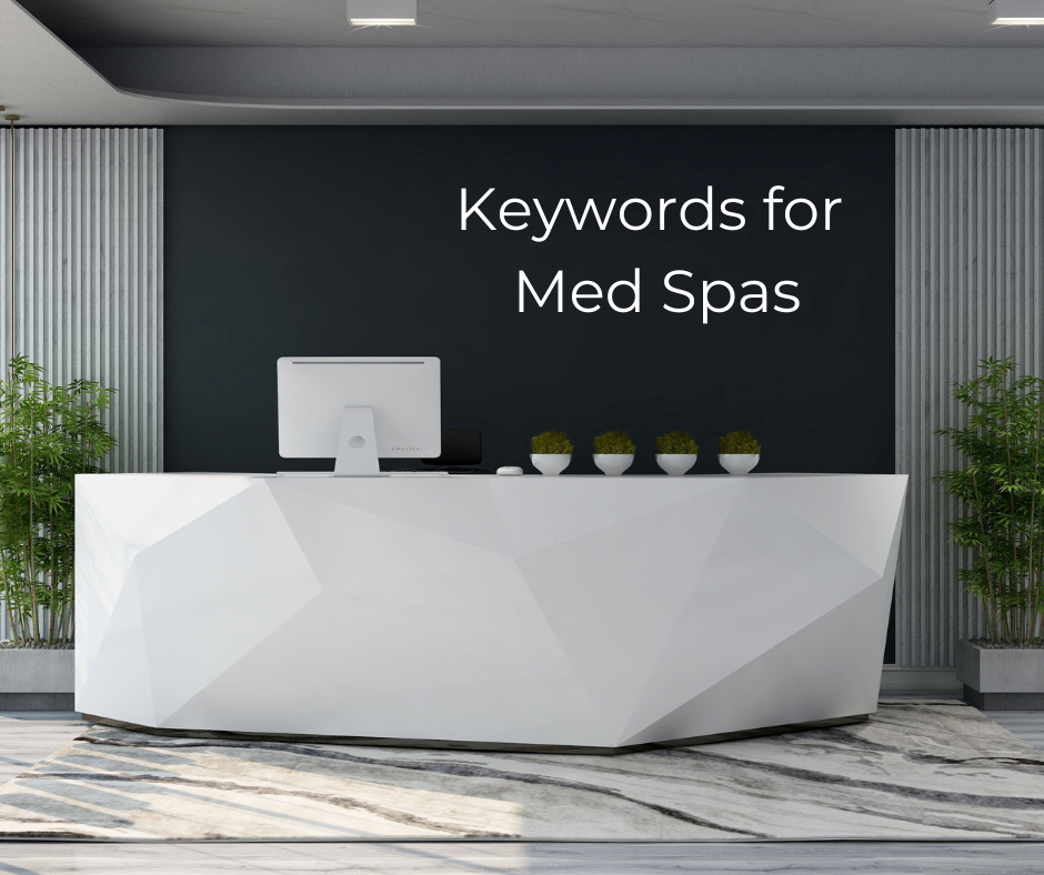 A white desk with a computer on it and a sign that says keywords for med spas