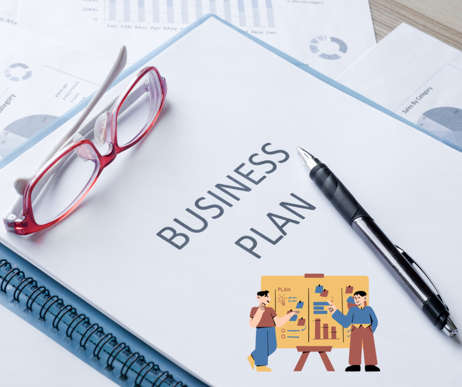 A business plan with a pen and glasses on top of it