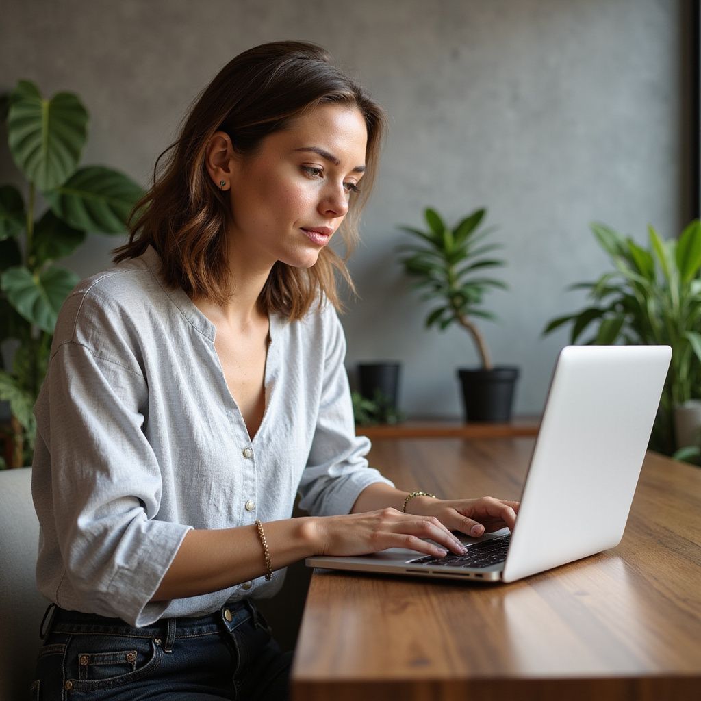 Woman working on a laptop at a wooden desk; plants in background.