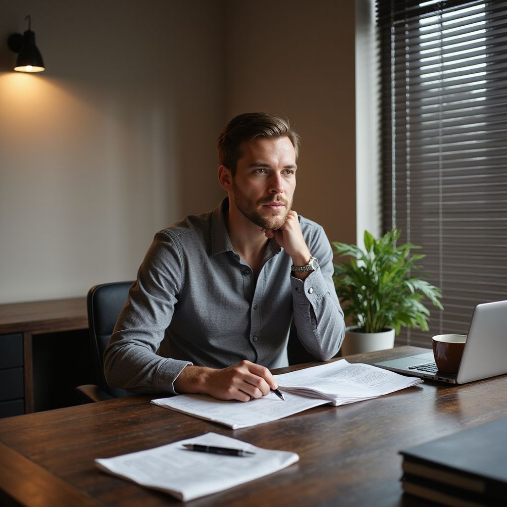 A man is sitting at a desk in front of a laptop computer.