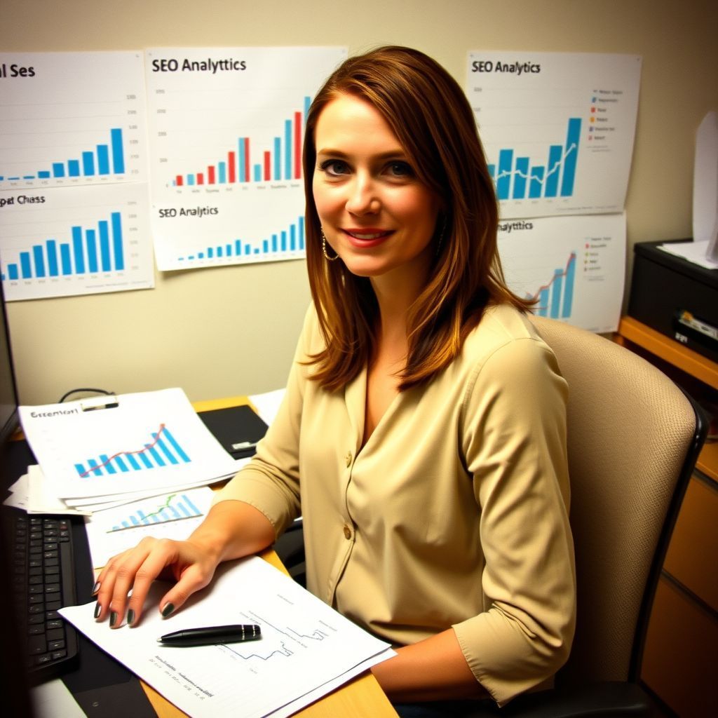 A woman is sitting at a desk with graphs on the wall that say seo analytics