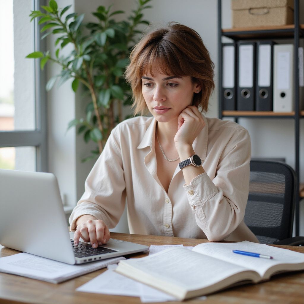 Woman with short brown hair works on laptop at wooden desk.
