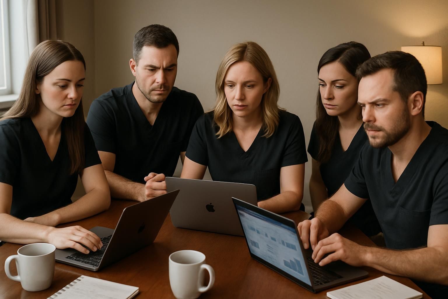 Five people in black shirts looking at laptops around a table with coffee cups. They appear to be focused and discussing data.