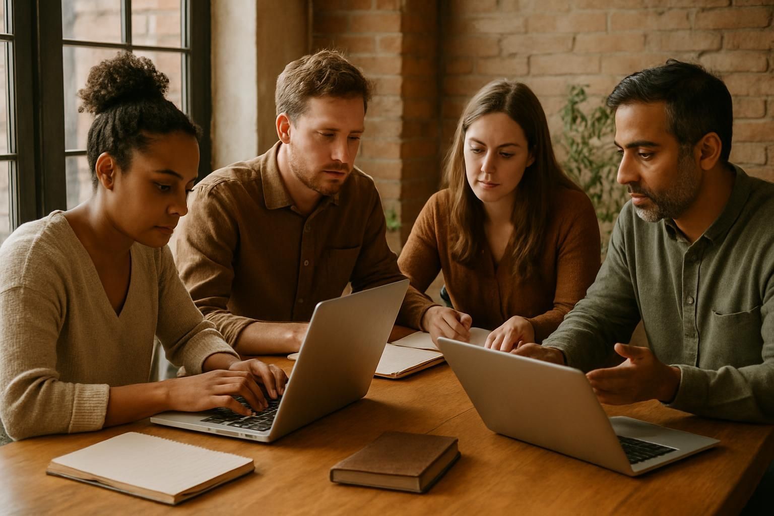 Four people around a table, focused on laptops and a notebook, indoors.
