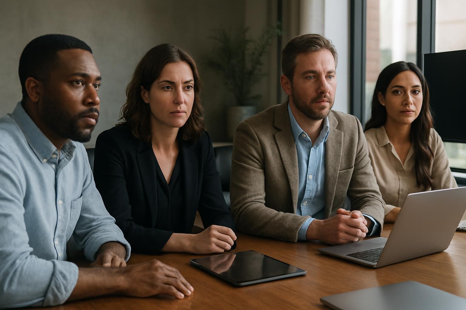 Four colleagues at a table; focus on a laptop. Dark skin, dark hair, neutral expressions. Well-lit office space.