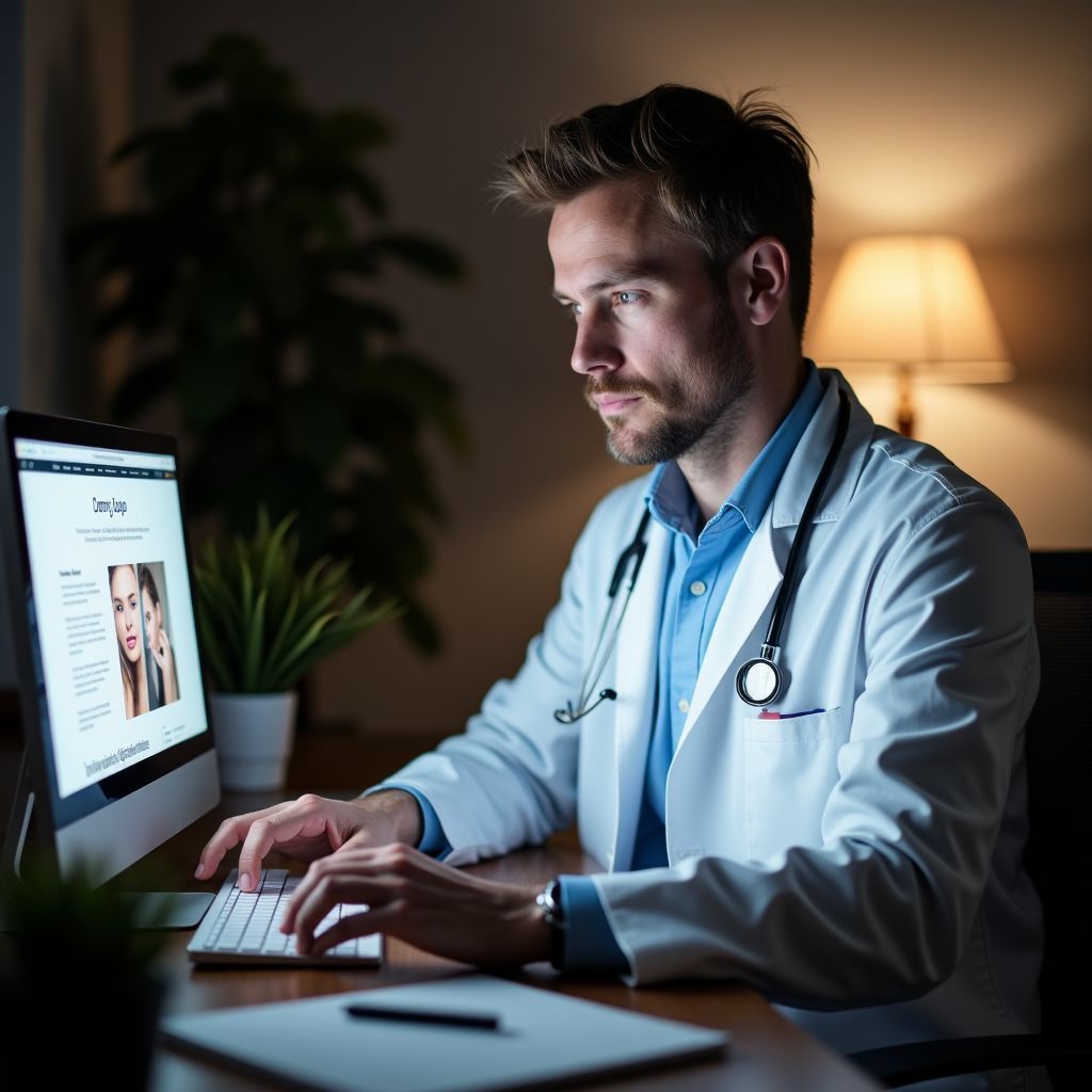 A doctor is typing on a computer at night.