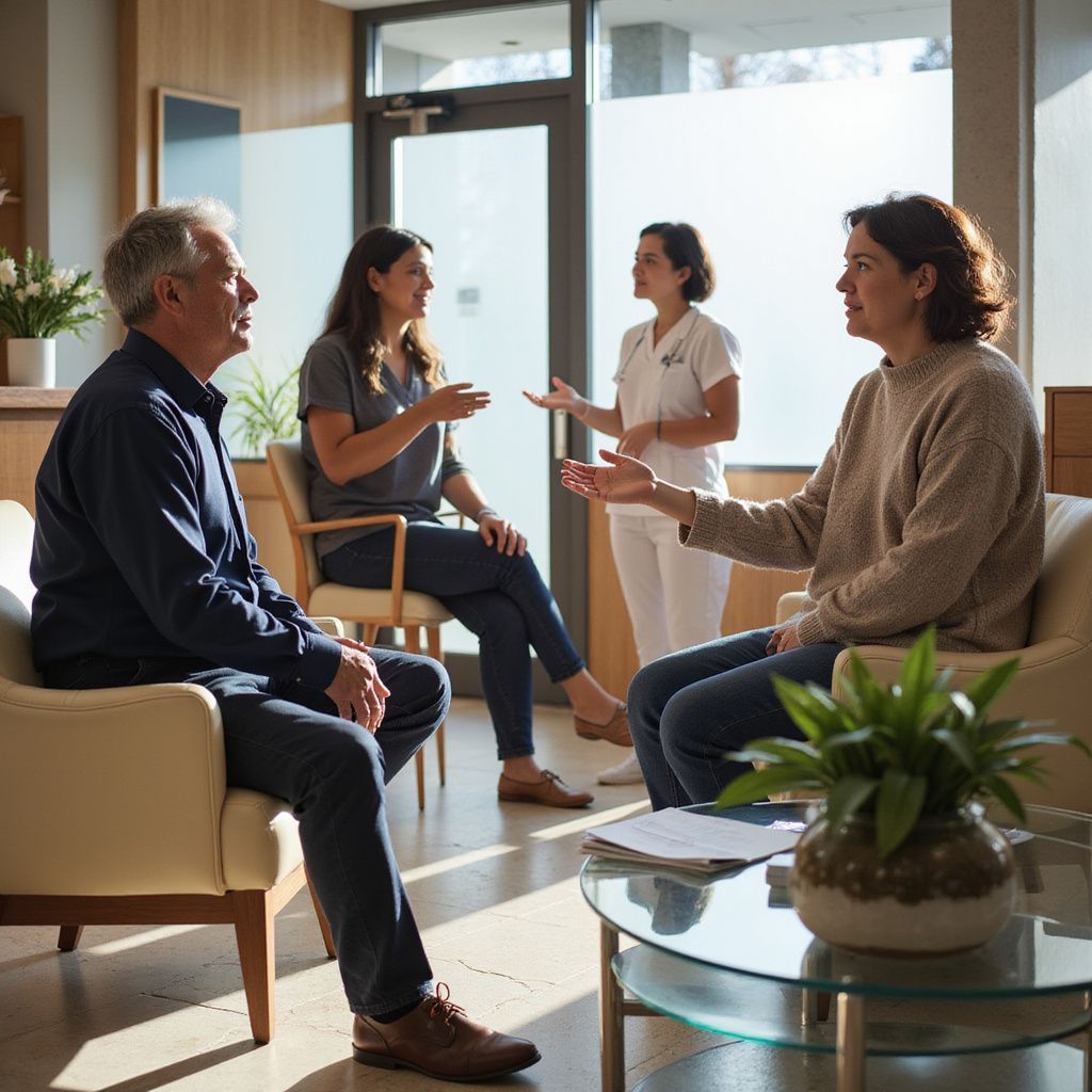 People in a doctor's office waiting room. Two women and a man seated, conversing with a medical professional.