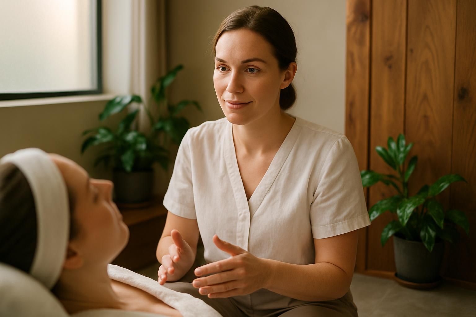 Woman in spa attire gestures while speaking to a person lying down, indoor setting with plants.