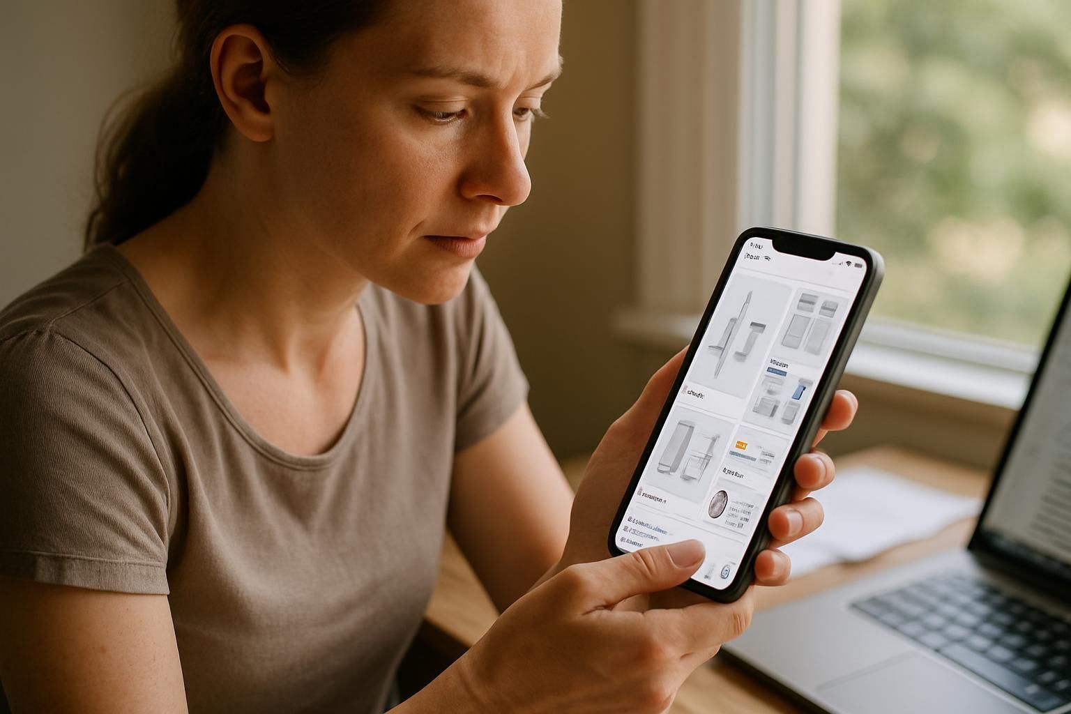 Woman looking at phone, browsing items. Using phone with laptop nearby, near a window.