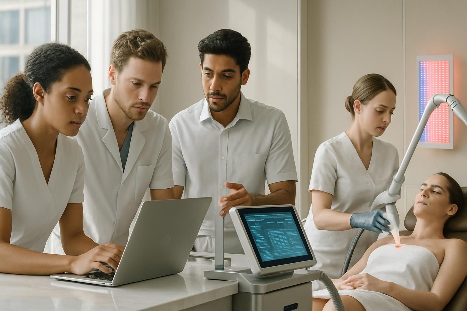 Medical staff examining data and performing a procedure on a patient in a clinic.