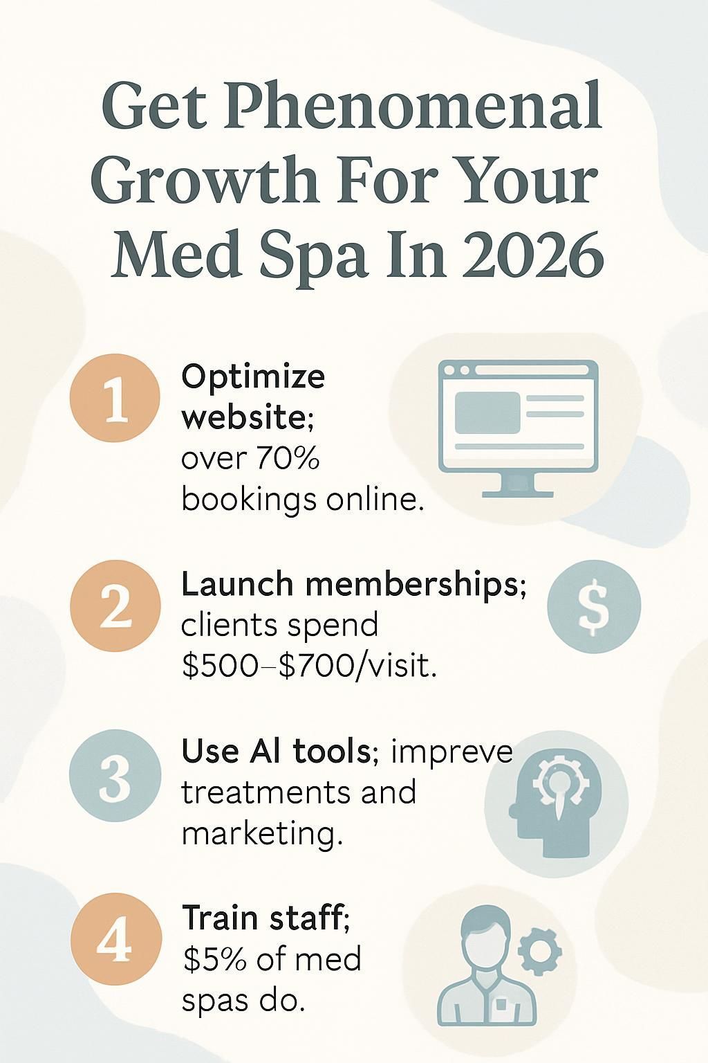 Infographic: Tips to grow a med spa in 2026. Includes online bookings, memberships, AI tools, and staff training.