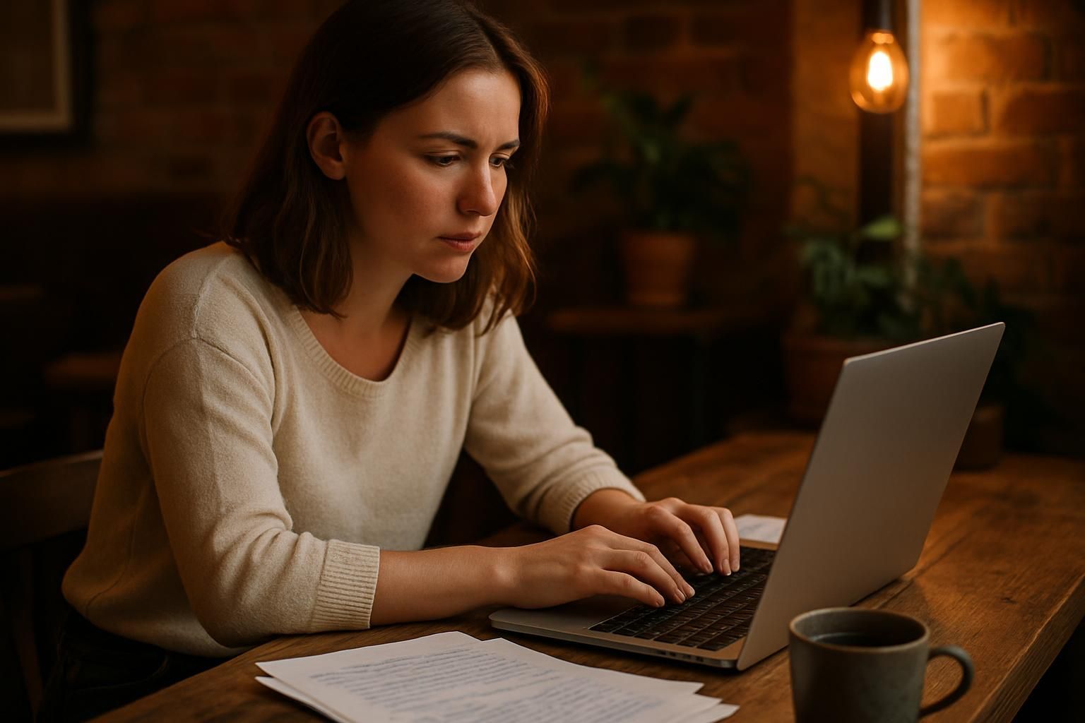 Woman typing on laptop, seated at a wooden table in a cafe, with coffee cup and papers.