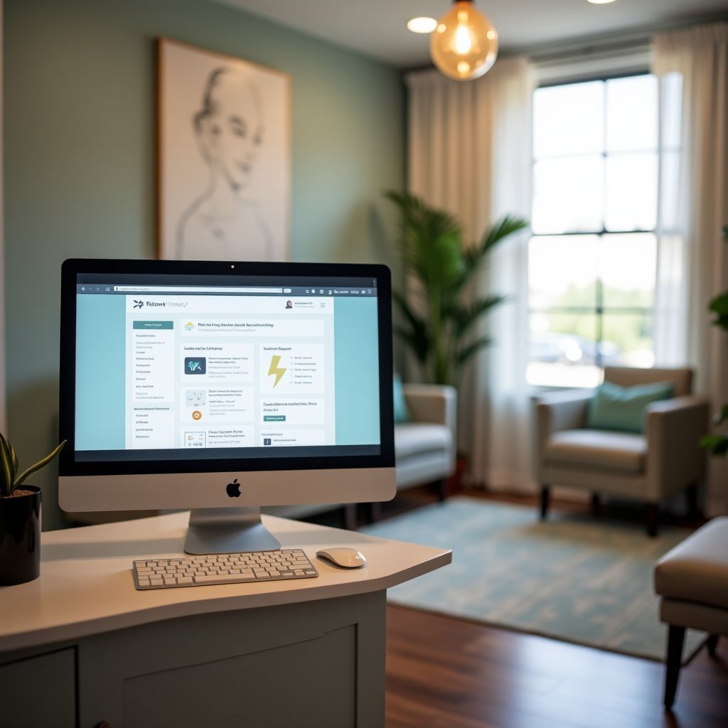 An apple computer is on a desk in a living room