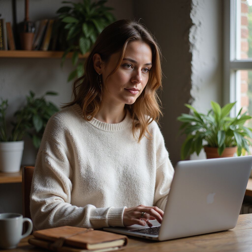 A woman is sitting at a table using a laptop computer.