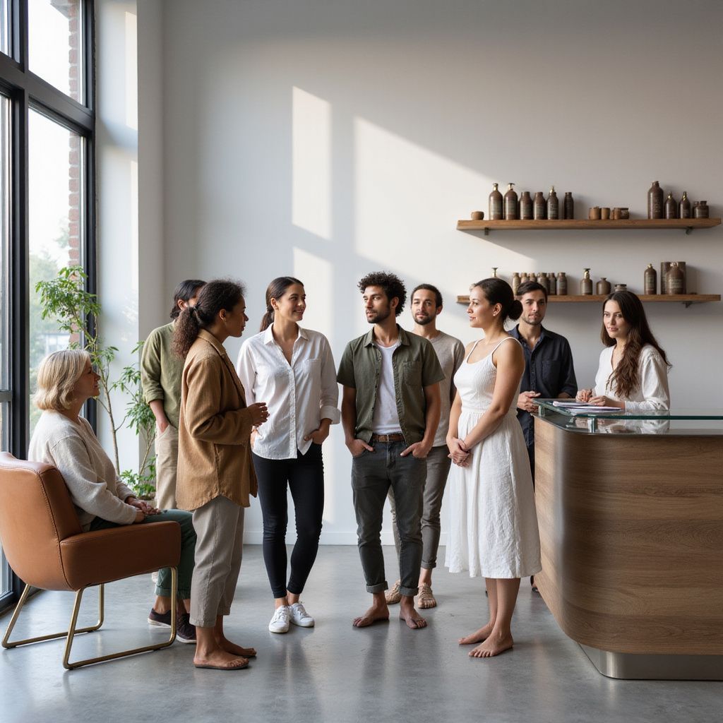 A group of people are standing around a counter in a room.