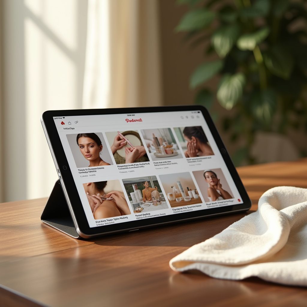 A tablet is sitting on a wooden table next to a towel.