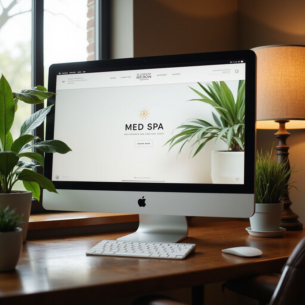 A computer monitor displays the med spa website