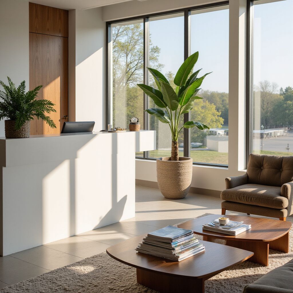 Reception area with white desk, plants, and seating. Large window offers view of green landscape.