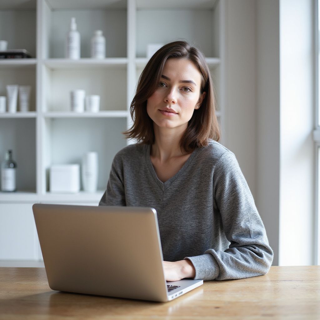 Woman with brown hair in grey sweater, seated at a table with laptop, looking at the camera in front of shelves.