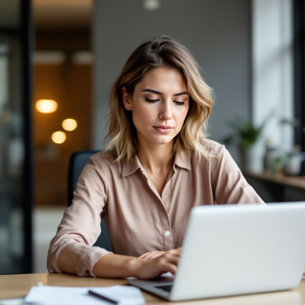 A woman is sitting at a desk using a laptop computer.