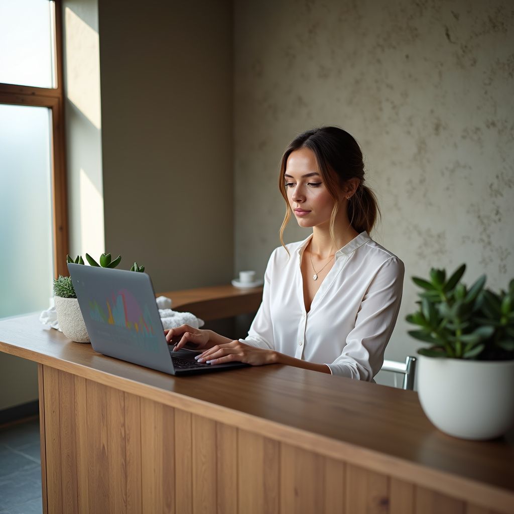 A woman in a white shirt works on a laptop at a wooden counter, with plants in the background.