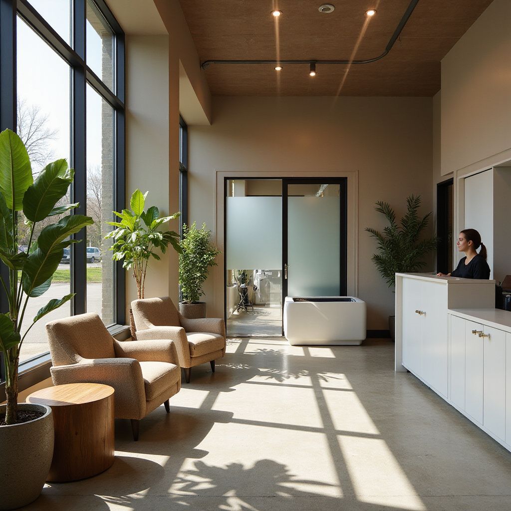 A woman sits at a counter in a lobby with chairs and plants