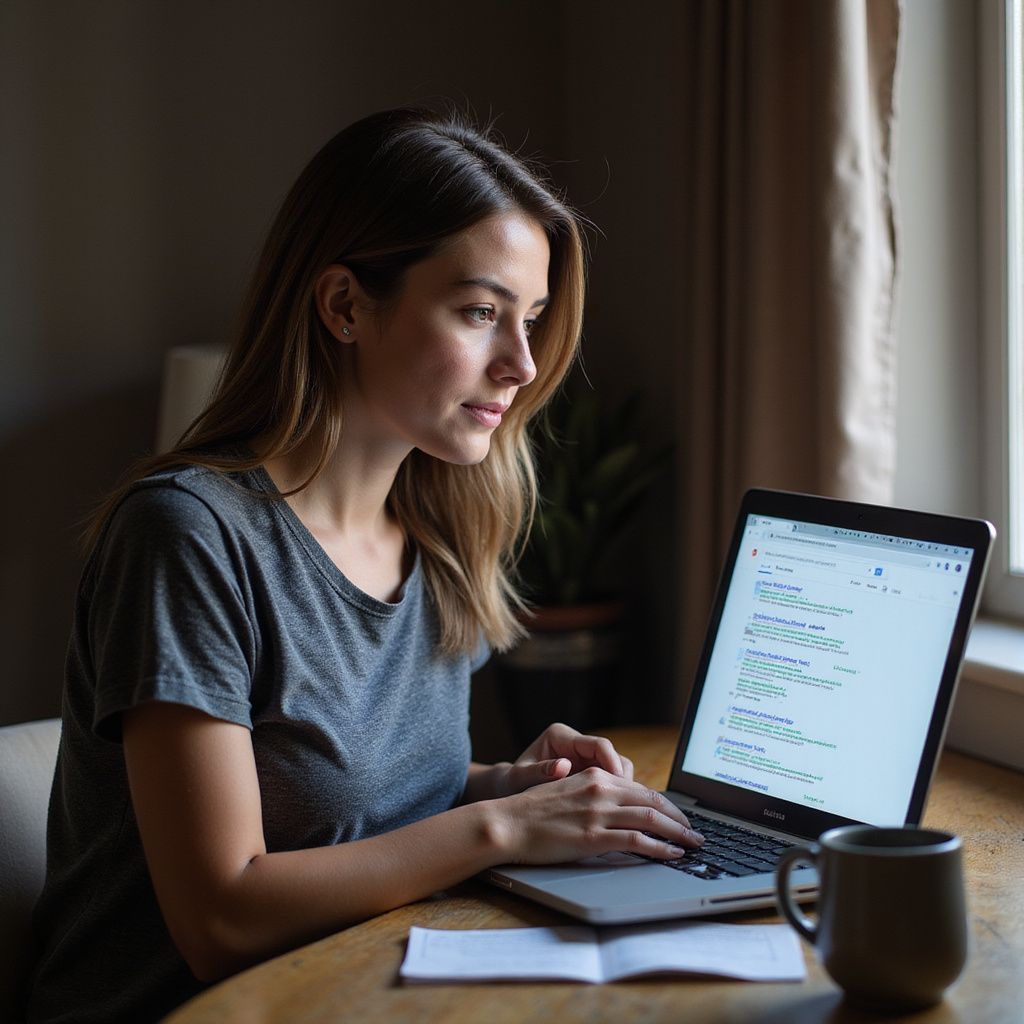 A woman is sitting at a table using a laptop computer.