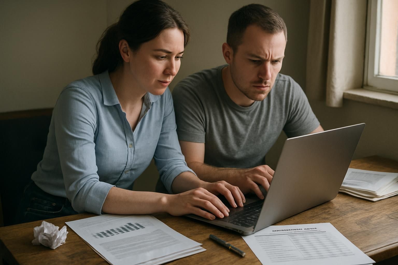 A couple looking at a laptop with documents on the table, appearing concerned in a dimly lit room.