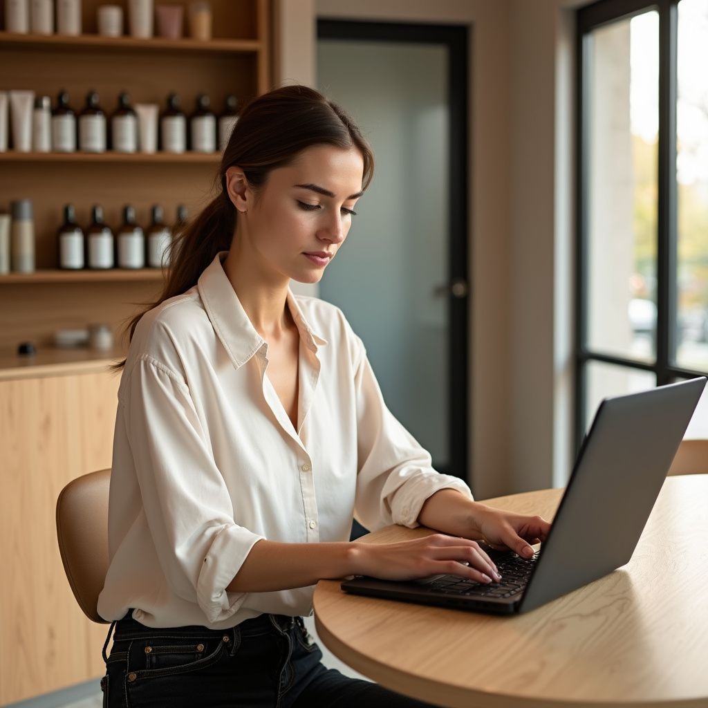 Woman in white shirt types on laptop at a wooden table. Shelves with bottles in background.